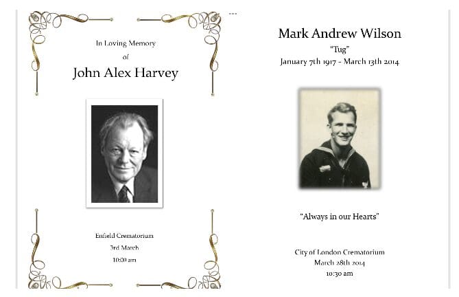 A memorial card for john alex harvey and mark andrew williams.