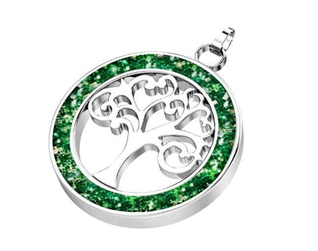 A silver tree of life with green crystals around it.