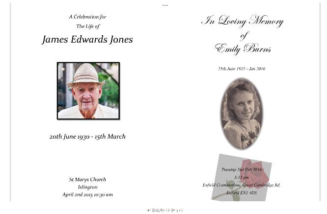 A funeral program with an image of a man and woman.