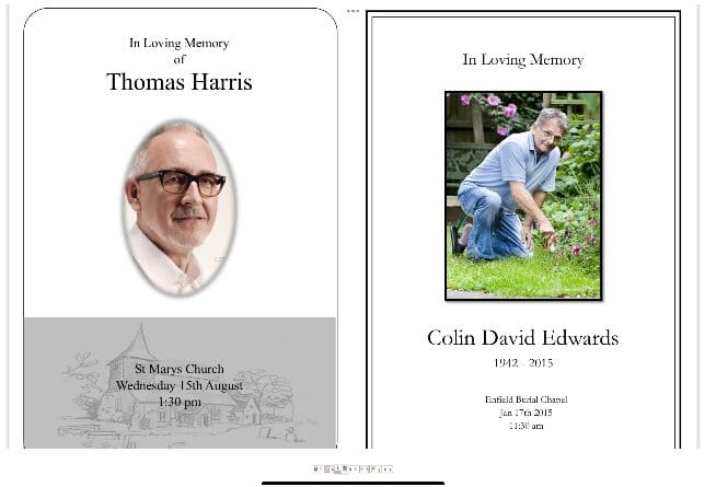 A funeral program with an obituary and photo.