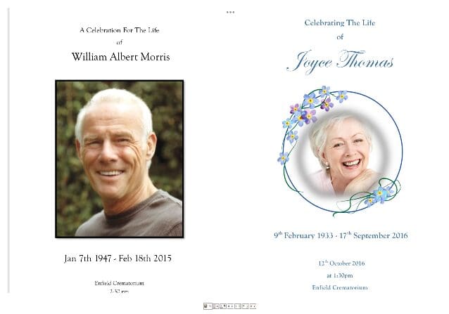 A funeral program with an image of a man and woman.