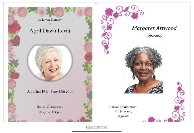 A pair of funeral program templates with flowers.