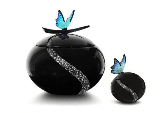 A black container with a blue butterfly on top of it.