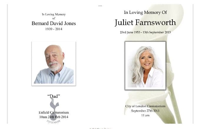 A funeral program with two photos of people.